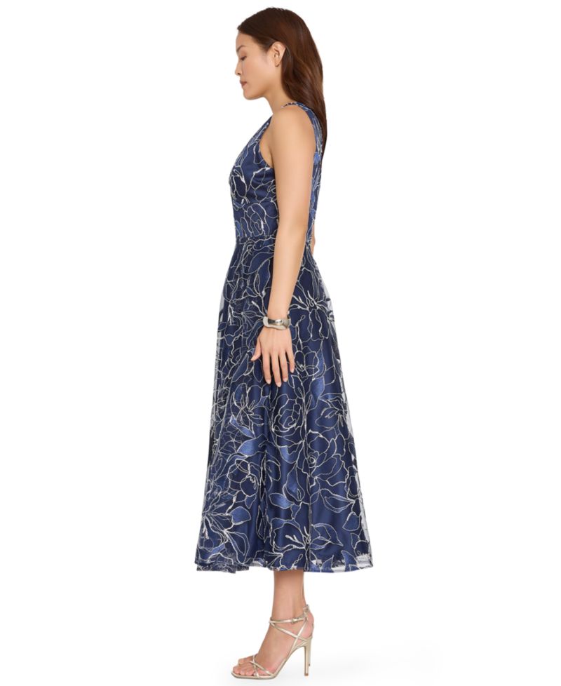 Women's Floral Metallic Soutache A-Line Midi Dress