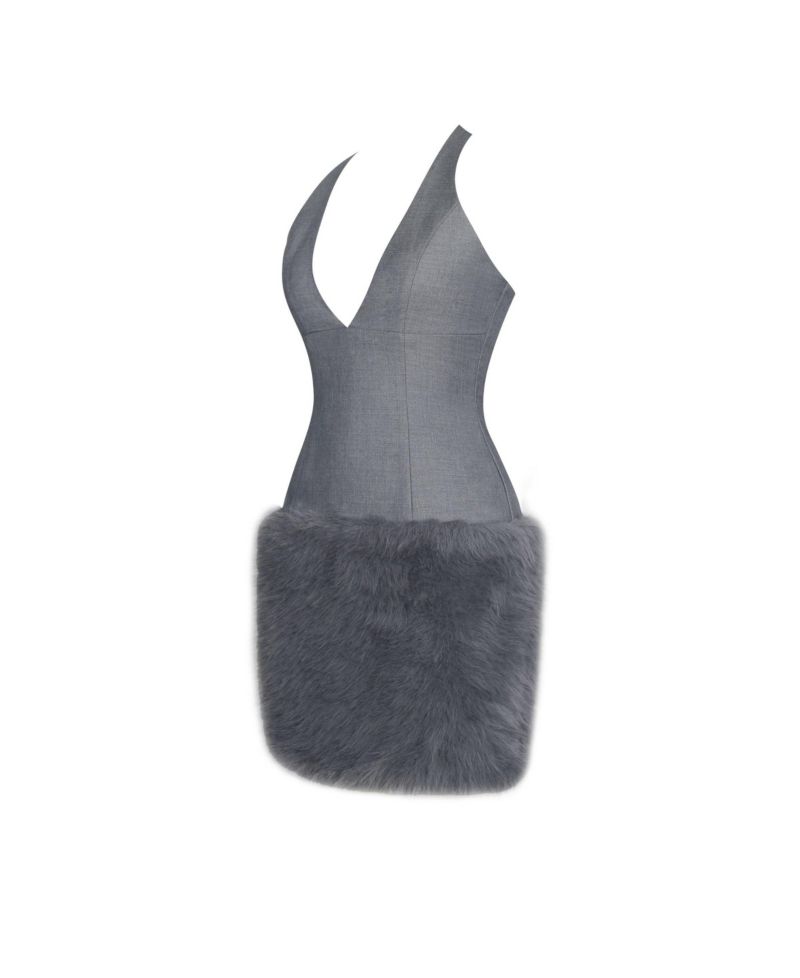 Women's Daisy Grey Drop Waist Faux Fur Trim Halter Mini Dress