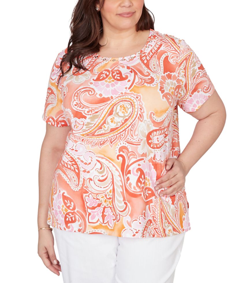 Plus Size Paisley Beaded Neck Pleated T-Shirt