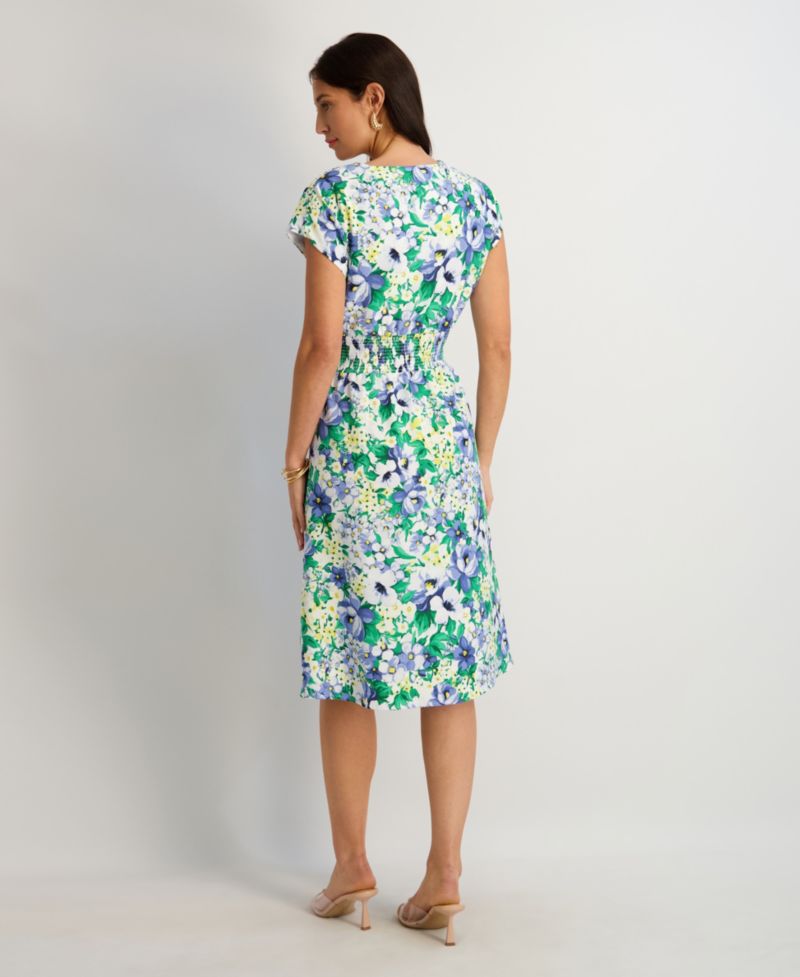 Women's Printed V-Neck Smocked-Back A-Line Dress
