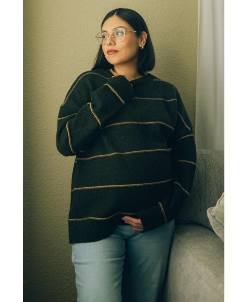 Women's Olive Striped Drop Shoulder Sweater