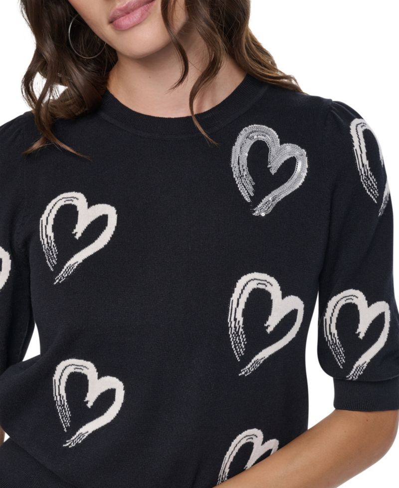 Women's Mini Hearts Crewneck Elbow-Sleeve Sweater