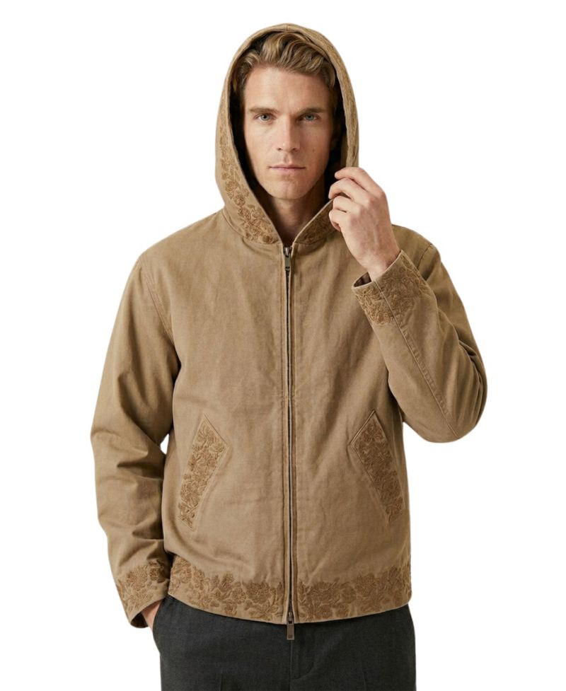 Men's Embroidered Trim Zip-Front Hooded Jacket