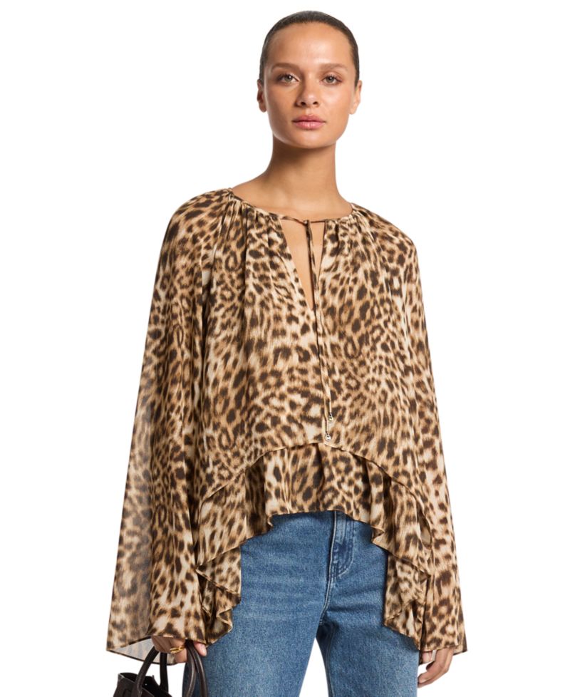 Women's Long-Sleeve Leopard-Print High-Low Blouse