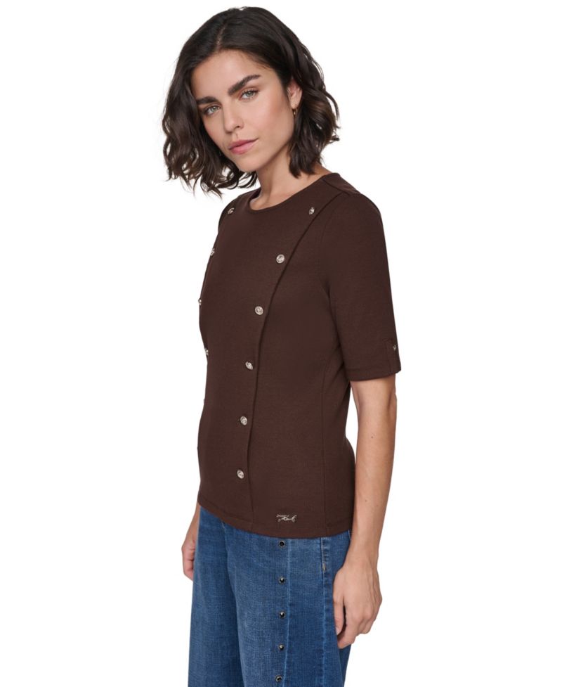 Petite Short-Sleeve Crewneck Ribbed-Knit Cotton-Blend Sweater