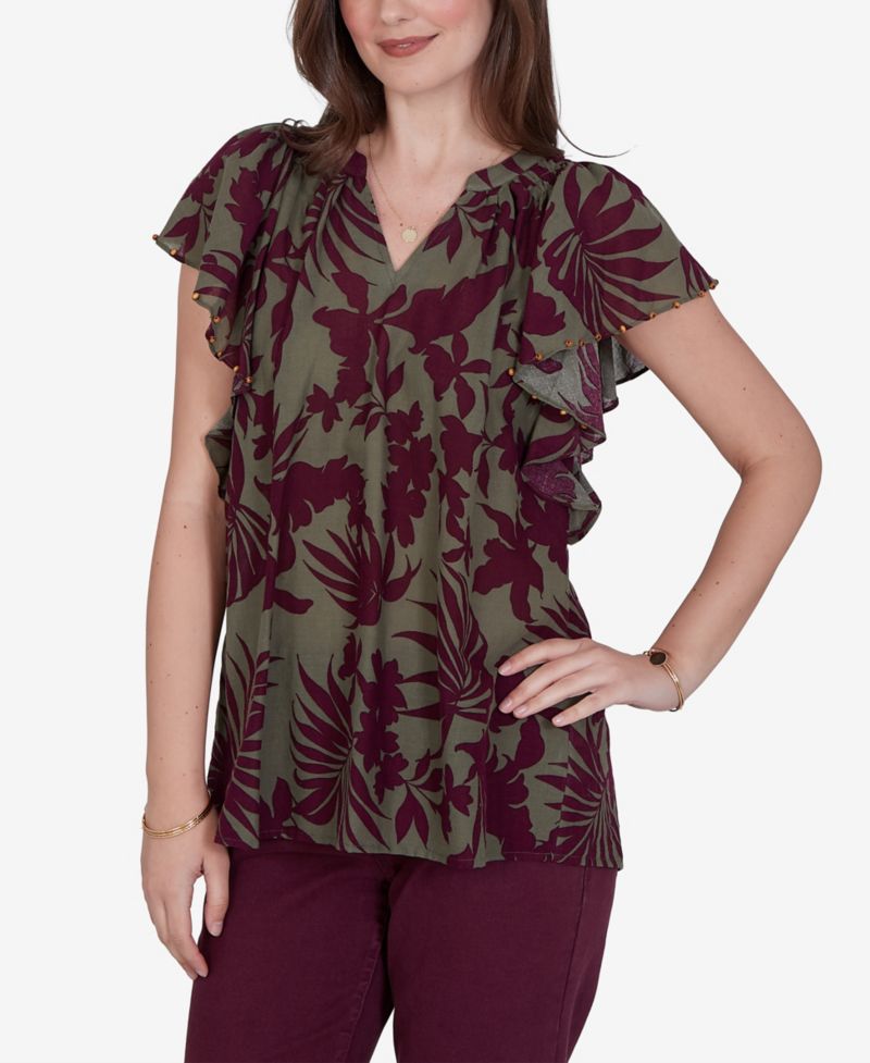 Petite Tropical Print Gauze Flutter-Sleeve Top