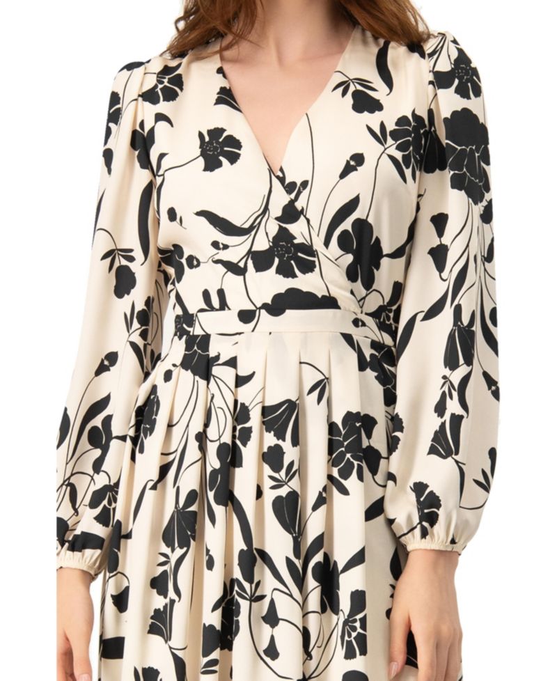 Women's V-Neck Midi Dress with Long Sleeves
