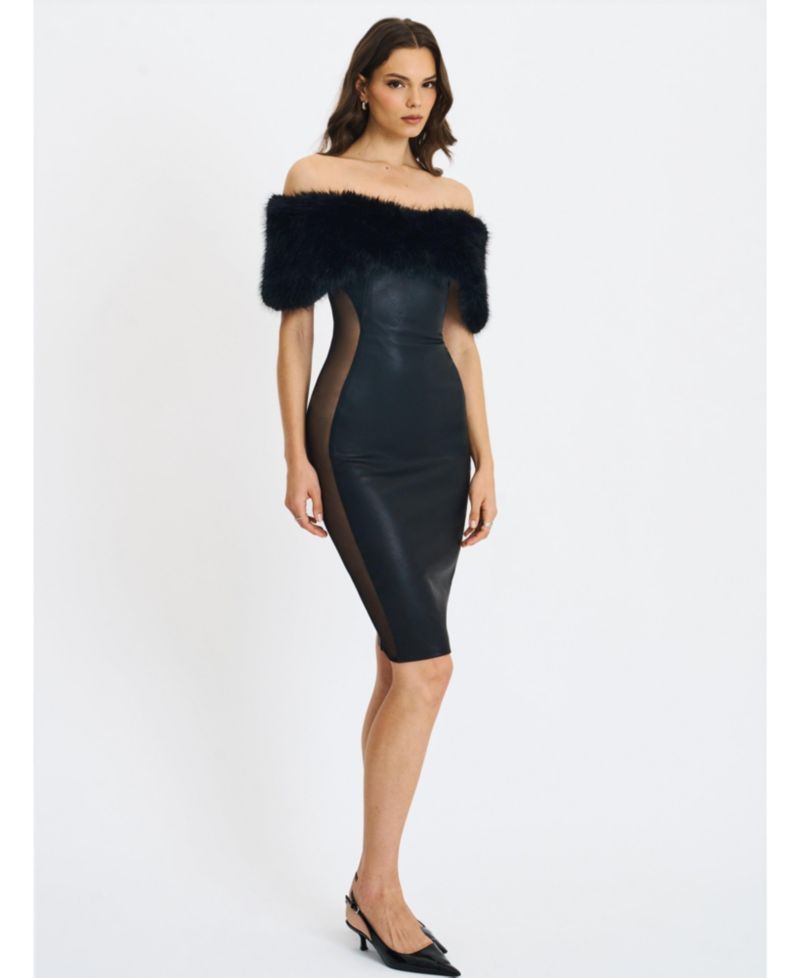Women Bellis Black Fur Trim Mesh Panel Off-Shoulder Midi Dress