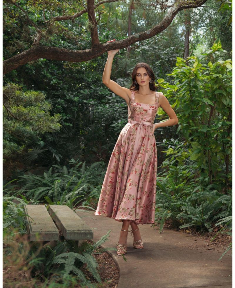 Petite Pink Floral Brocade Square-Neck Midi Dress