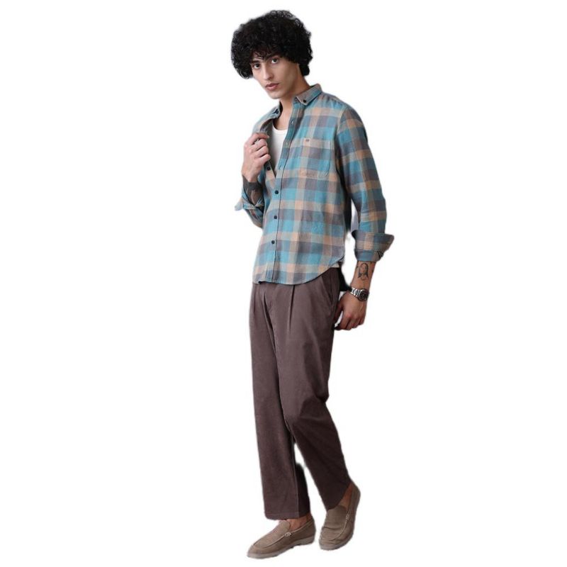 Men's Sky Blue & Ecru Beige Block-Buffalo Regular Shirt