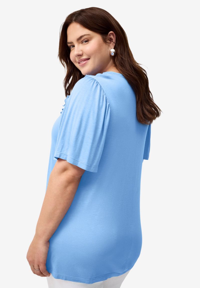 Women's Ruffle Neckline Flutter Sleeve Tunic