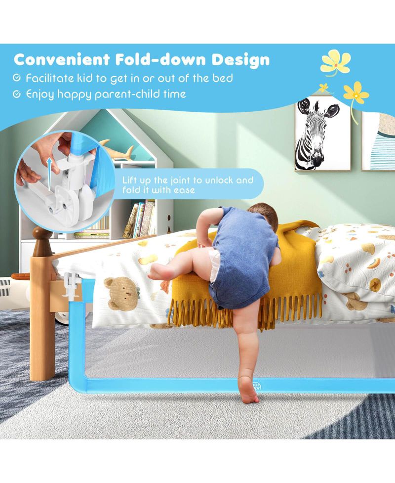 59 Inch Toddler Bed Rail with Safety Strap and Fold Down Mesh Guard