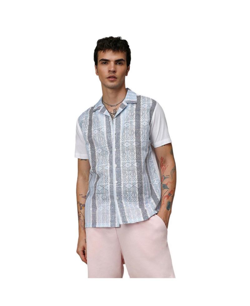 Men's Sky Blue & Midnight Black Fish Eye Ethnic Shirt