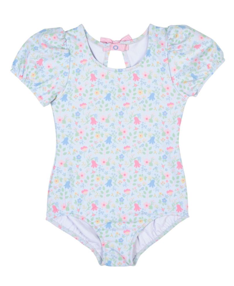Toddler Girls Floral Print Swimsuit with Puff Sleeves