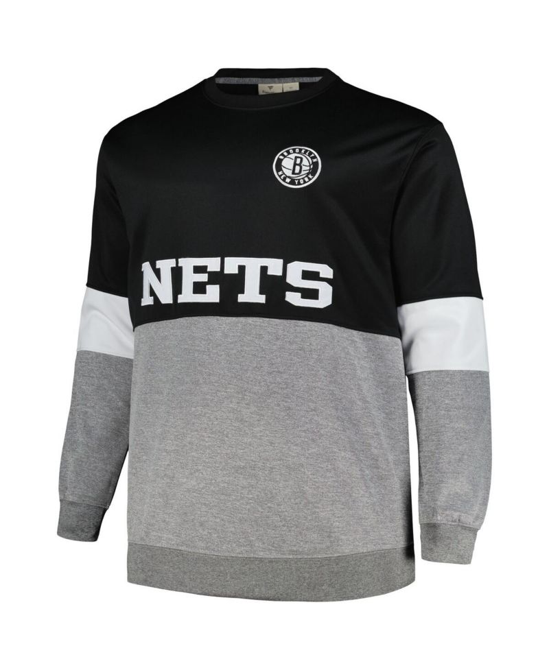 Men's Black, Heather Gray Brooklyn Nets Big and Tall Split Pullover Sweatshirt