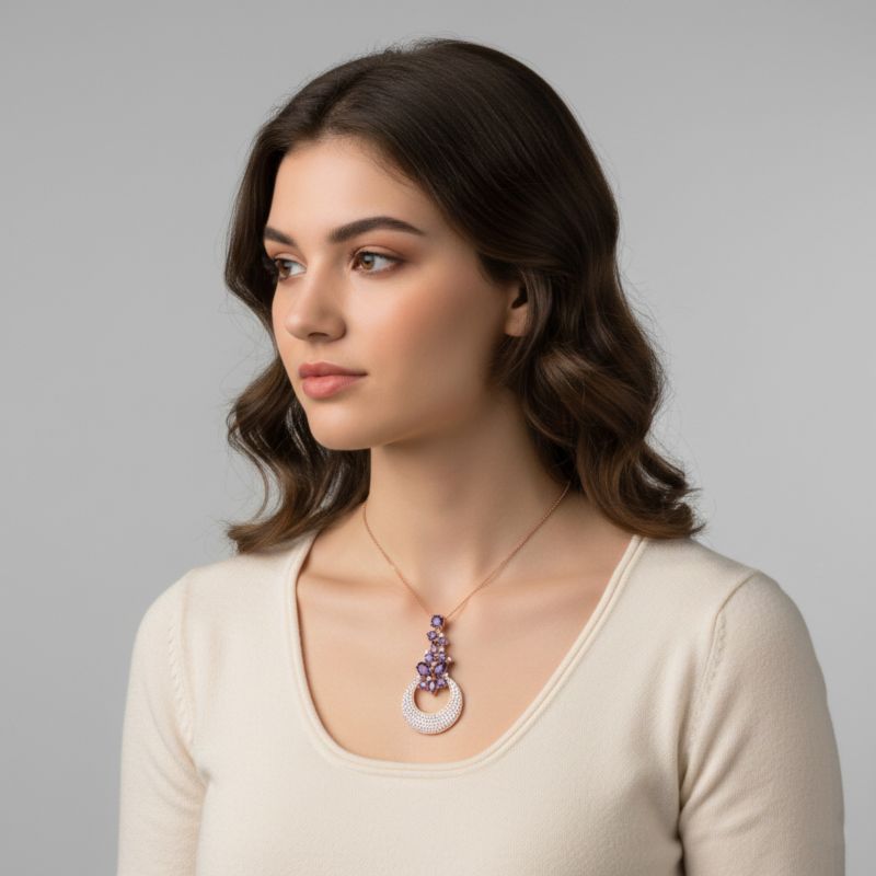 18K Rose Gold Plated Purple CZ Crescent Moon Pendant Necklace