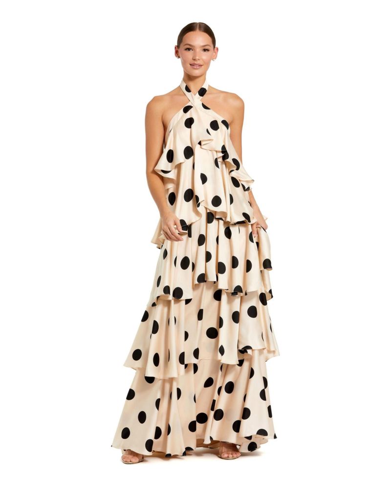 Women's Polka Dot Charmeuse Halter Tiered Ruffle Gown