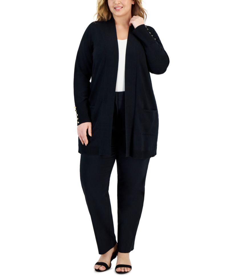 Petite Open-Front Button-Cuff Cardigan Sweater