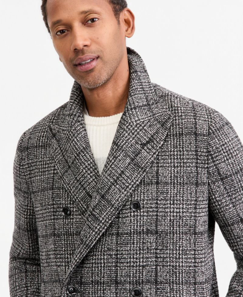 Men's Plaid Double-Breasted Polyester/Wool Blend Overcoat, Macy's Exclusive