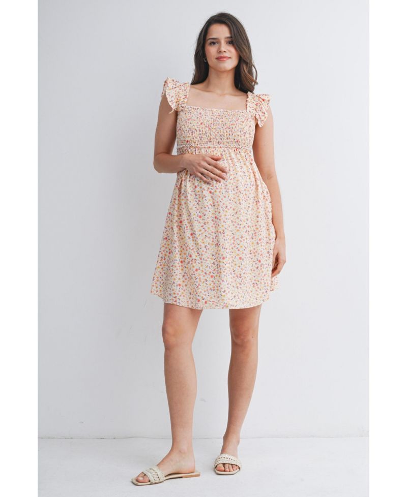 Women's Smocked Floral Dress with Ruffle Cap Sleeves