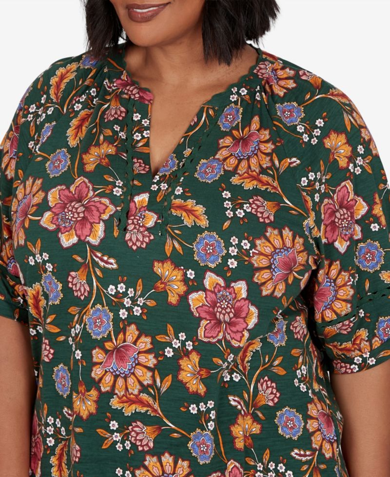 Plus Size Floral Vines Printed Cotton Knit Top