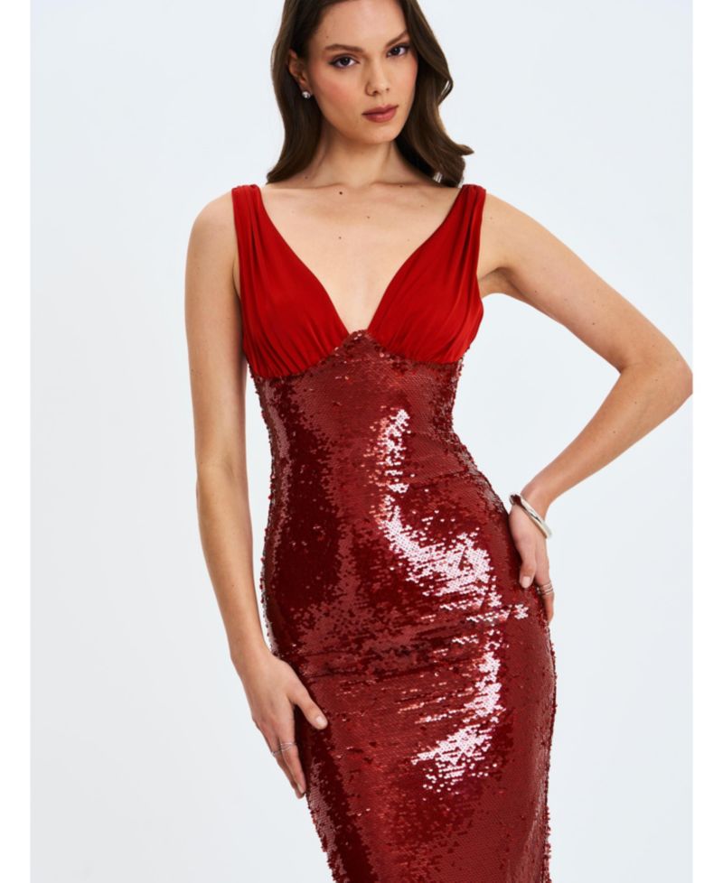 Women's Shanelle Crimson Sequin Plunging Midi Dress