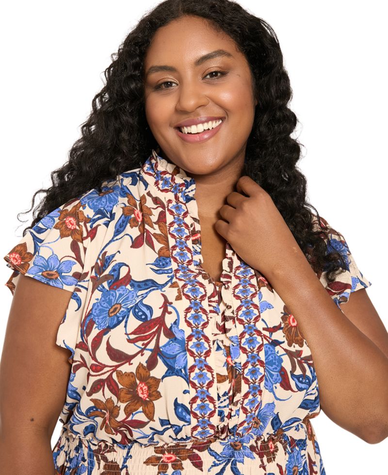 Plus Size Tiered Flutter-Sleeve Bubble-Crepe Maxi Dress