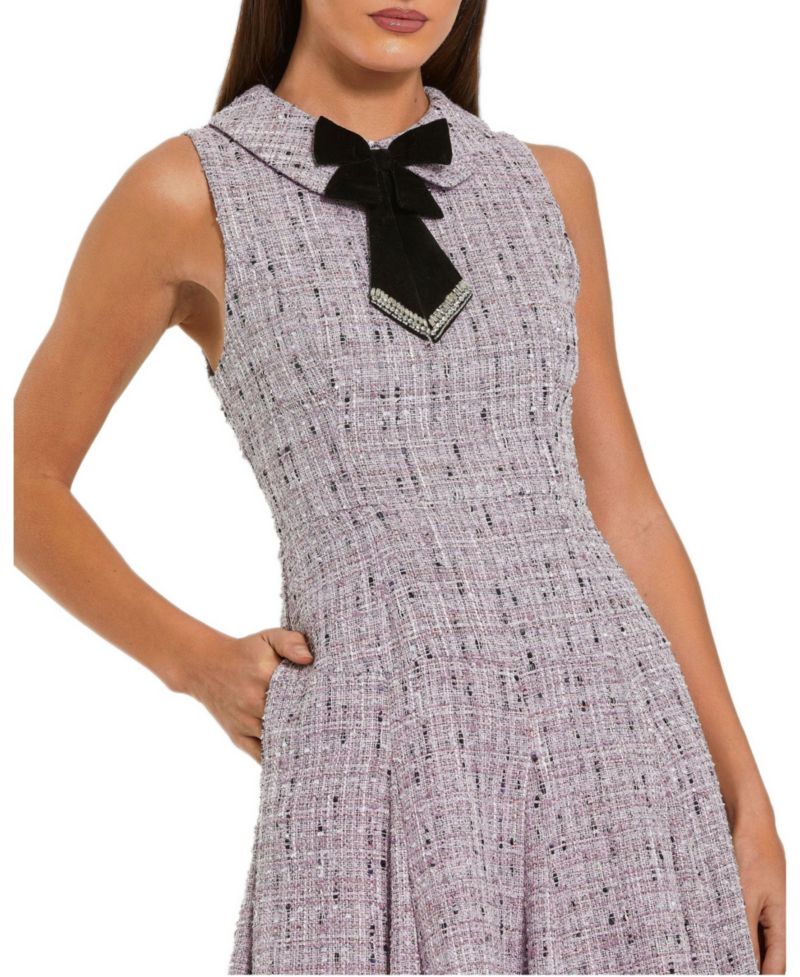 Women's Sleeveless Boucle A-Line Midi Dress With Bow