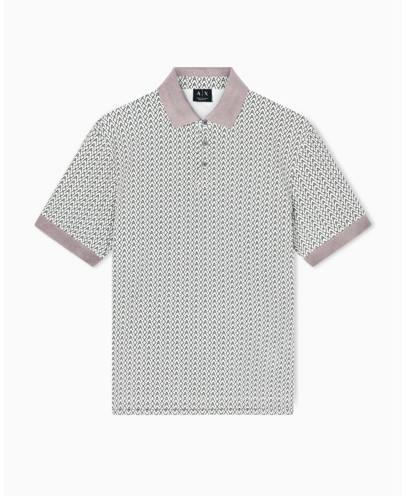 Men's Short Sleeve Pique Allover Logo Print Polo Shirt