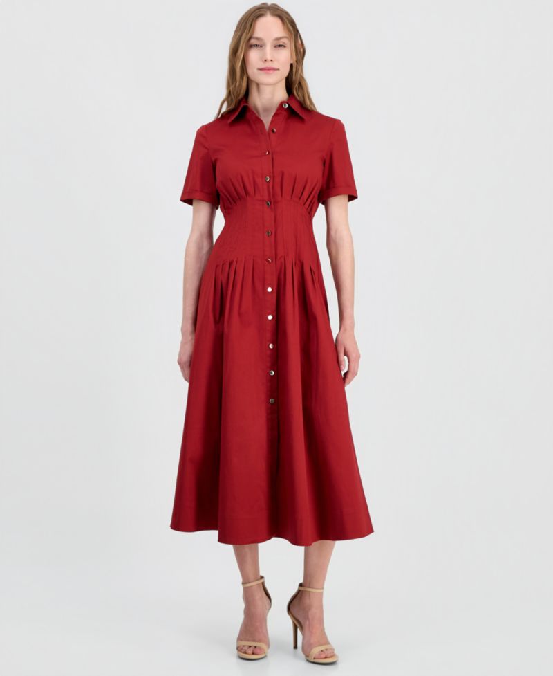 Women's Pleated-Waist Midi Shirt Dress