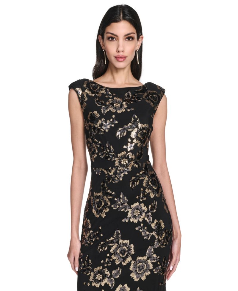 Women's Floral-Print Sequined Boat Neck Gown