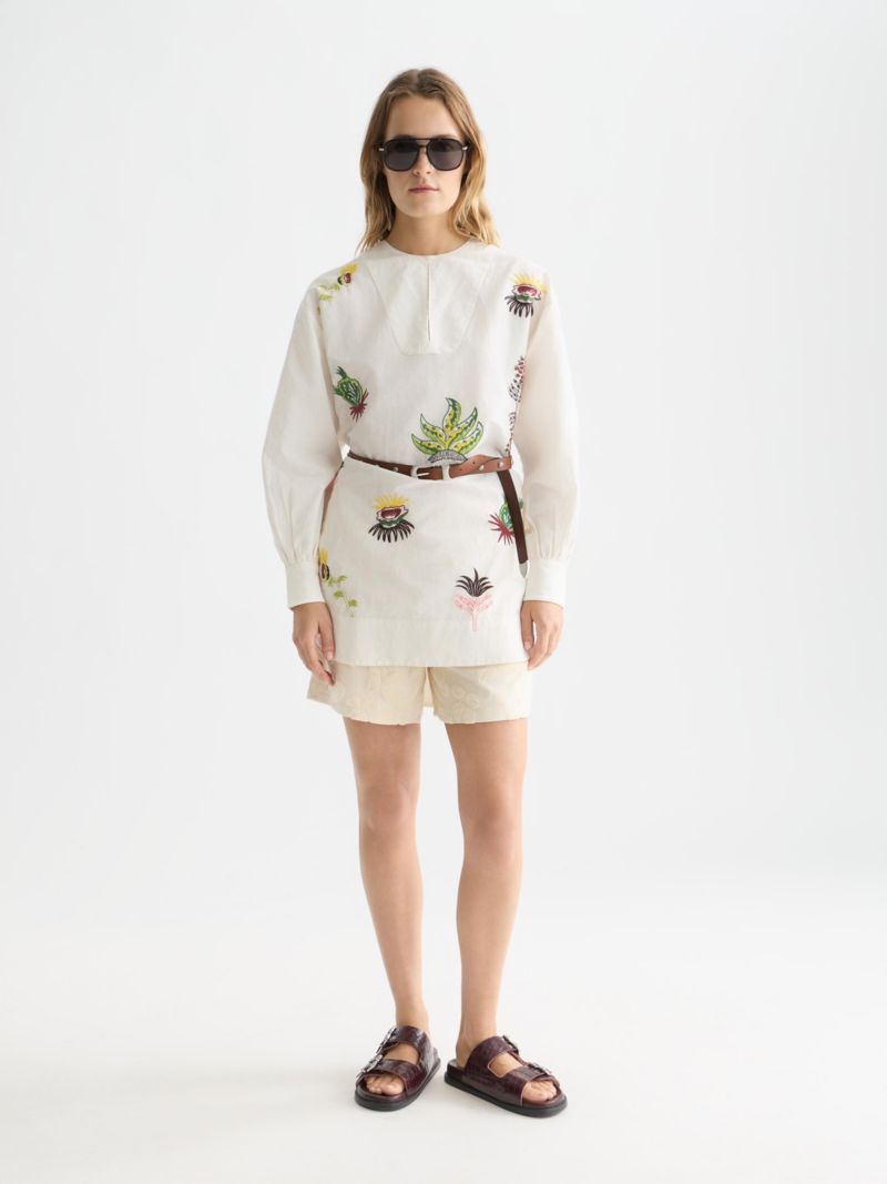 Women's Embroidered Long Sleeve Cotton and Linen Shift Dress
