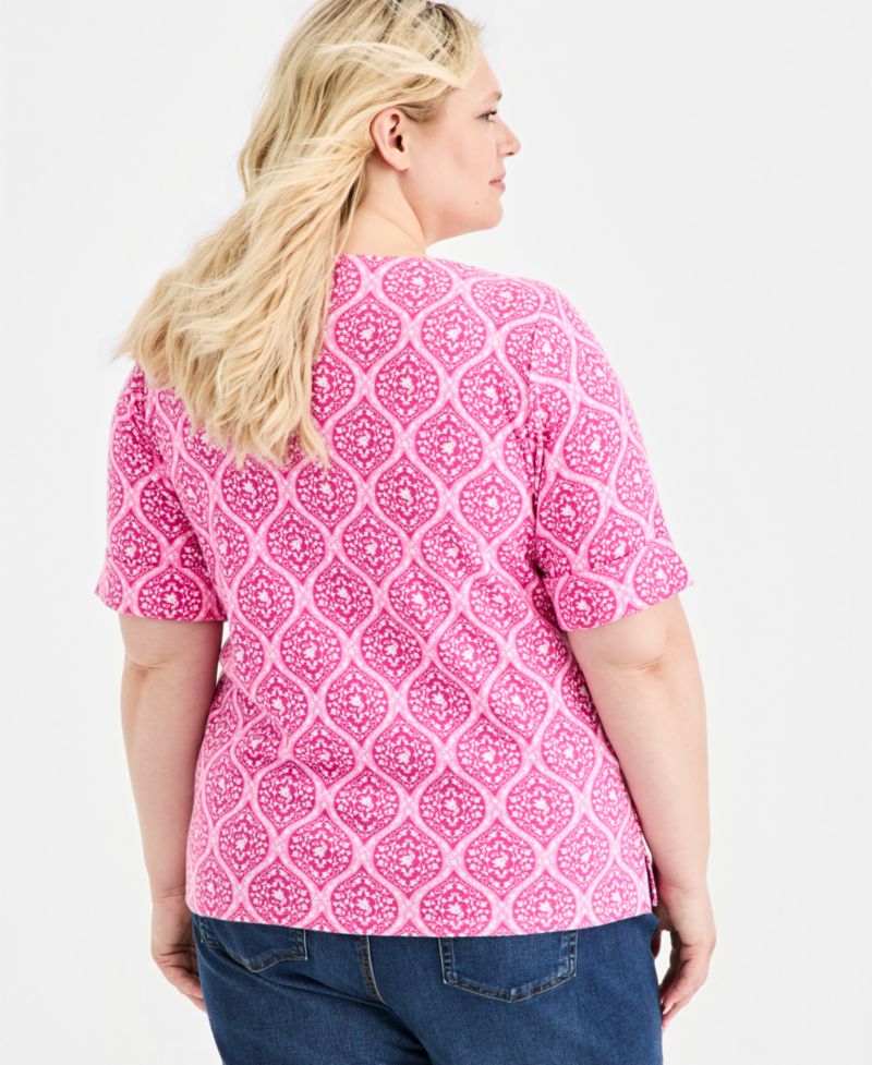 Petite Printed Boat-Neck Elbow-Sleeve Top