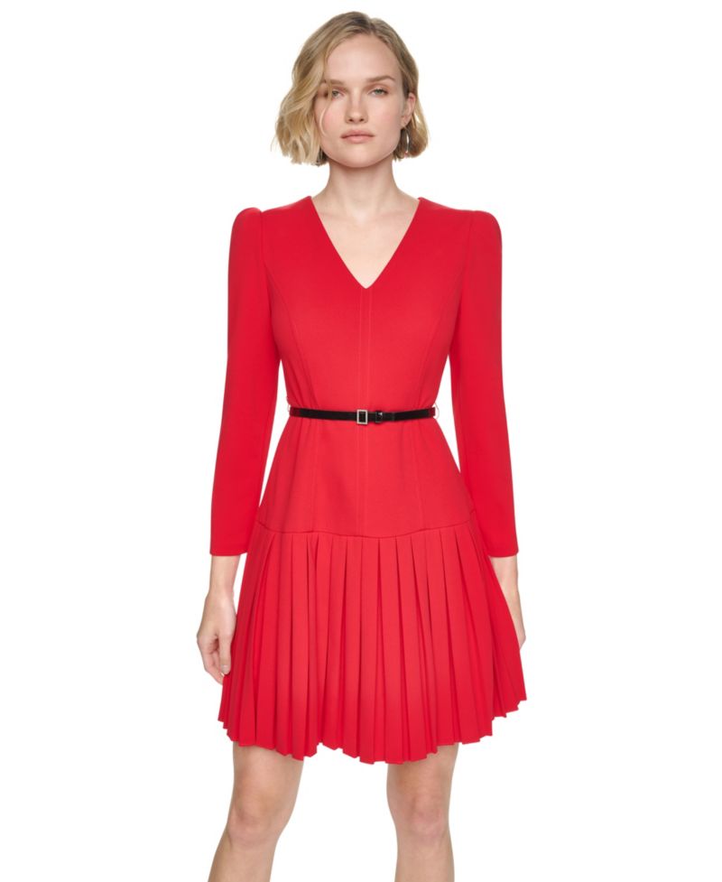 Women's Long-Sleeve V-Neck Pleated Dress