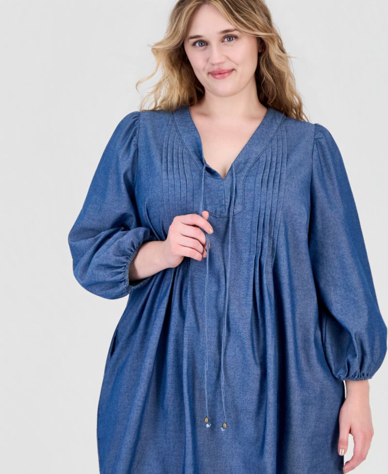 Plus Size Denim V-Neck Long-Sleeve Shift Dress