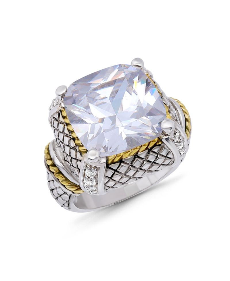 Two-Tone Cushion Cut Cubic Zirconia Oxidized Accents Statement Ring