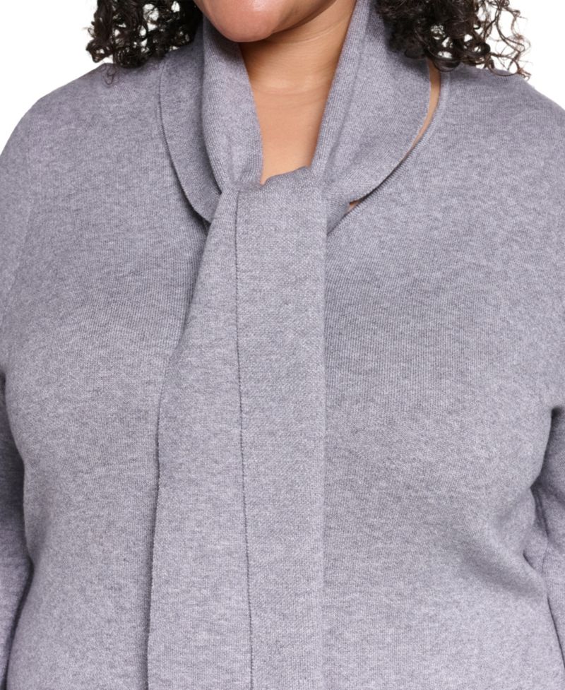 Plus Size V-Neck Long-Sleeve Scarf Midi Dress