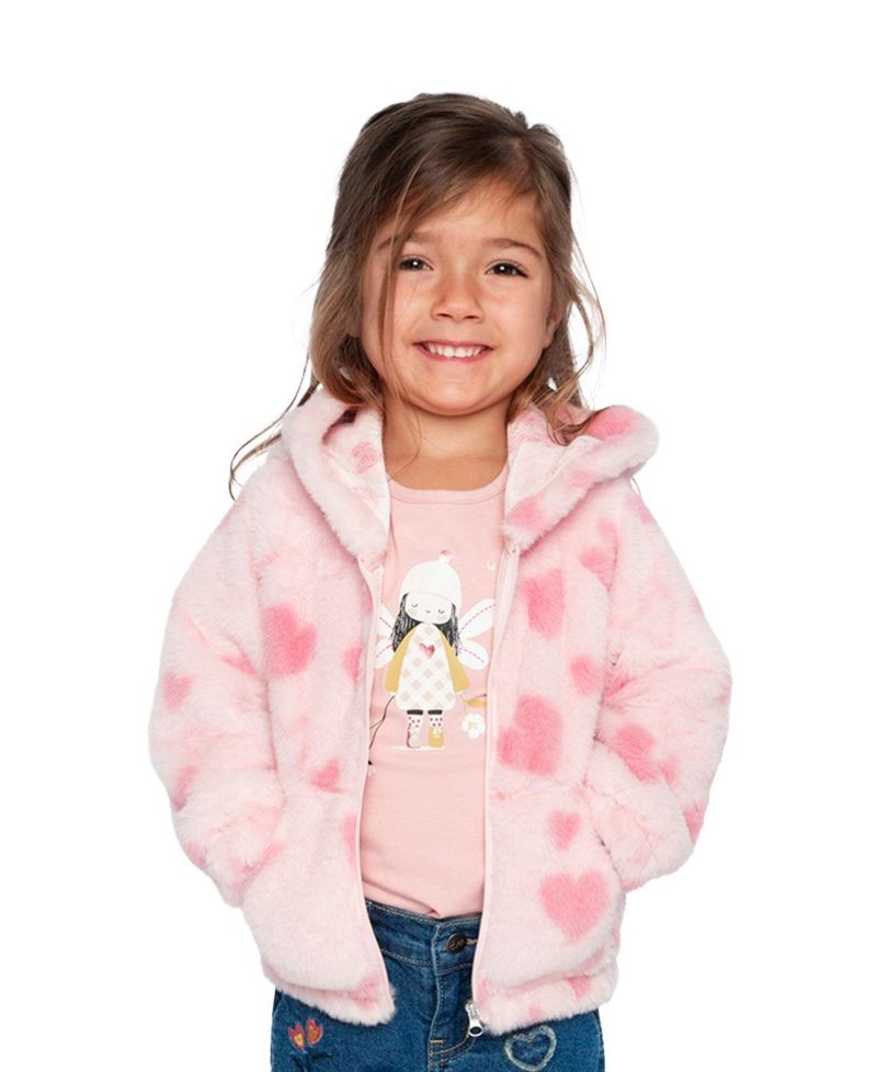 Baby Girl (12M - 24M) Hooded Full Zip Faux Fur Jacket Printed with Hearts