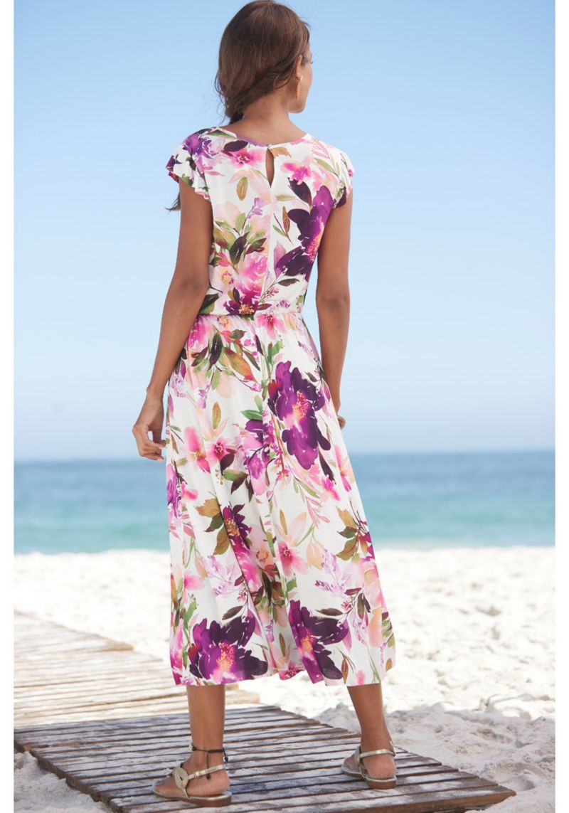Women's Viscose Printed Flutter Sleeve A-Line Elastic-Waist Midi Dress