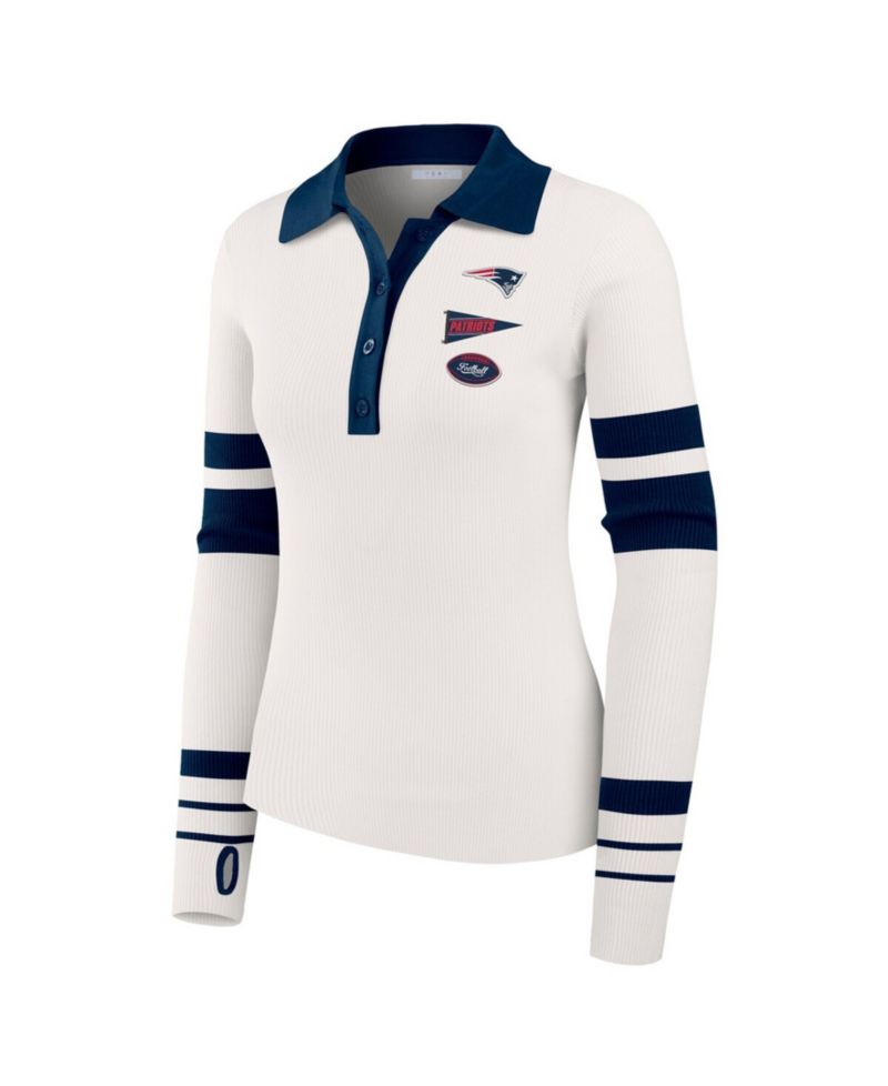 Women's White New England Patriots Ribbed Henley Polo Sweater