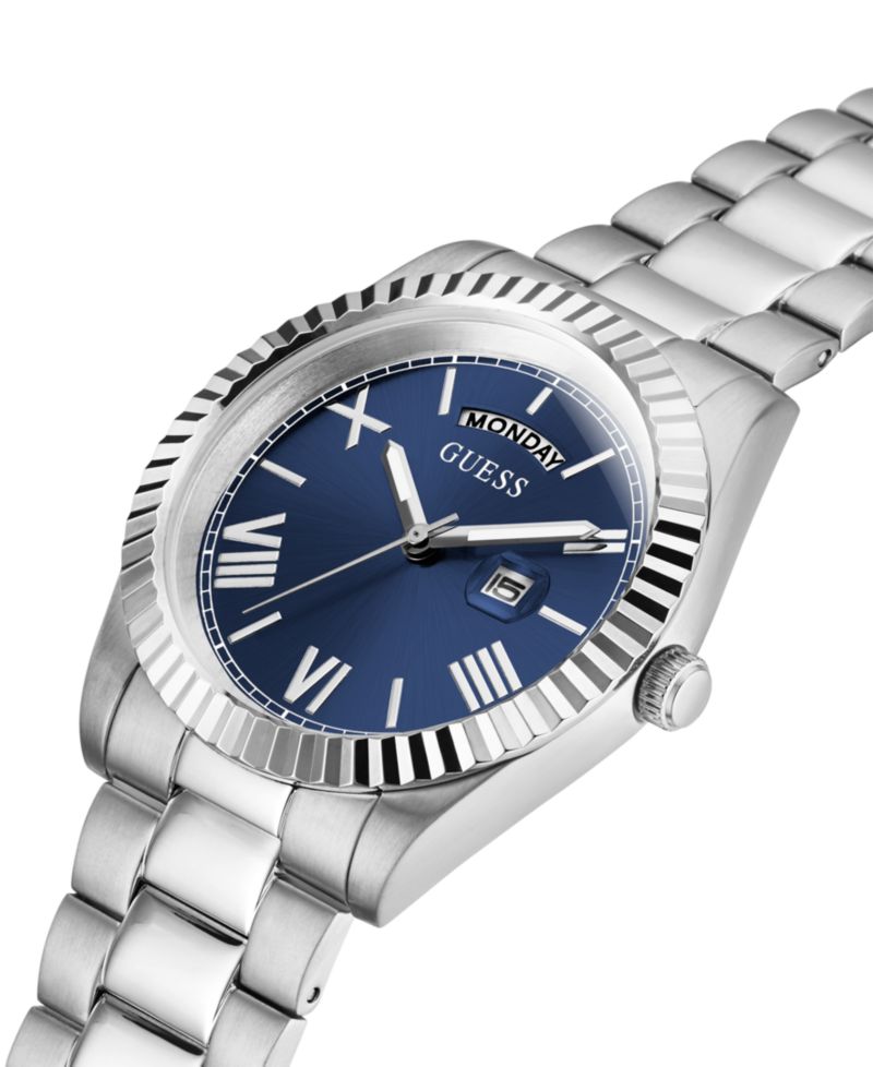 Men's Silver-Tone Stainless Steel Bracelet, Day, Date Watch, 42mm