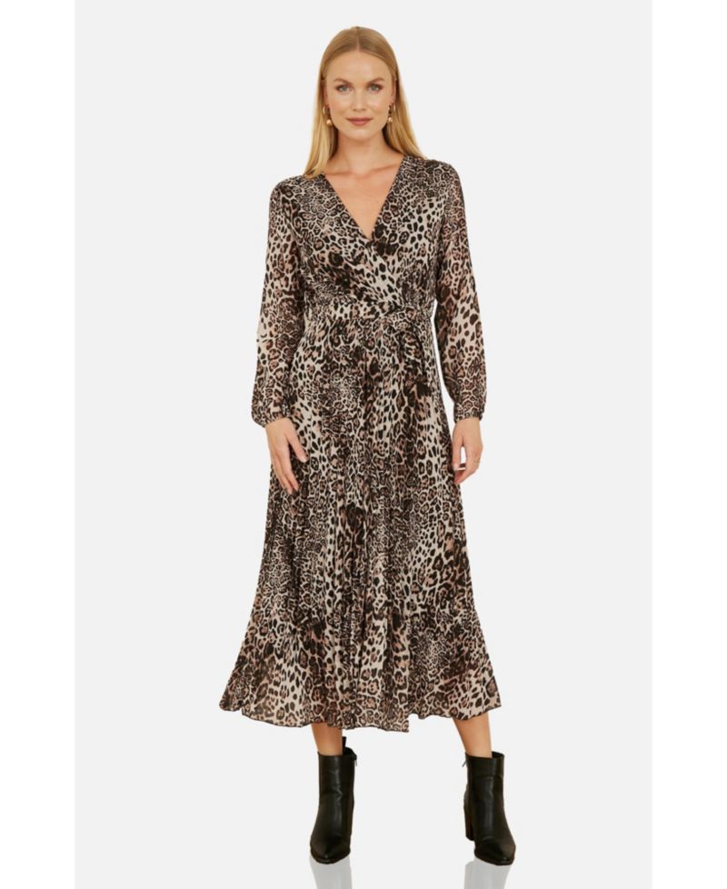 Women's Leopard Print Long Sleeve Midi Dress