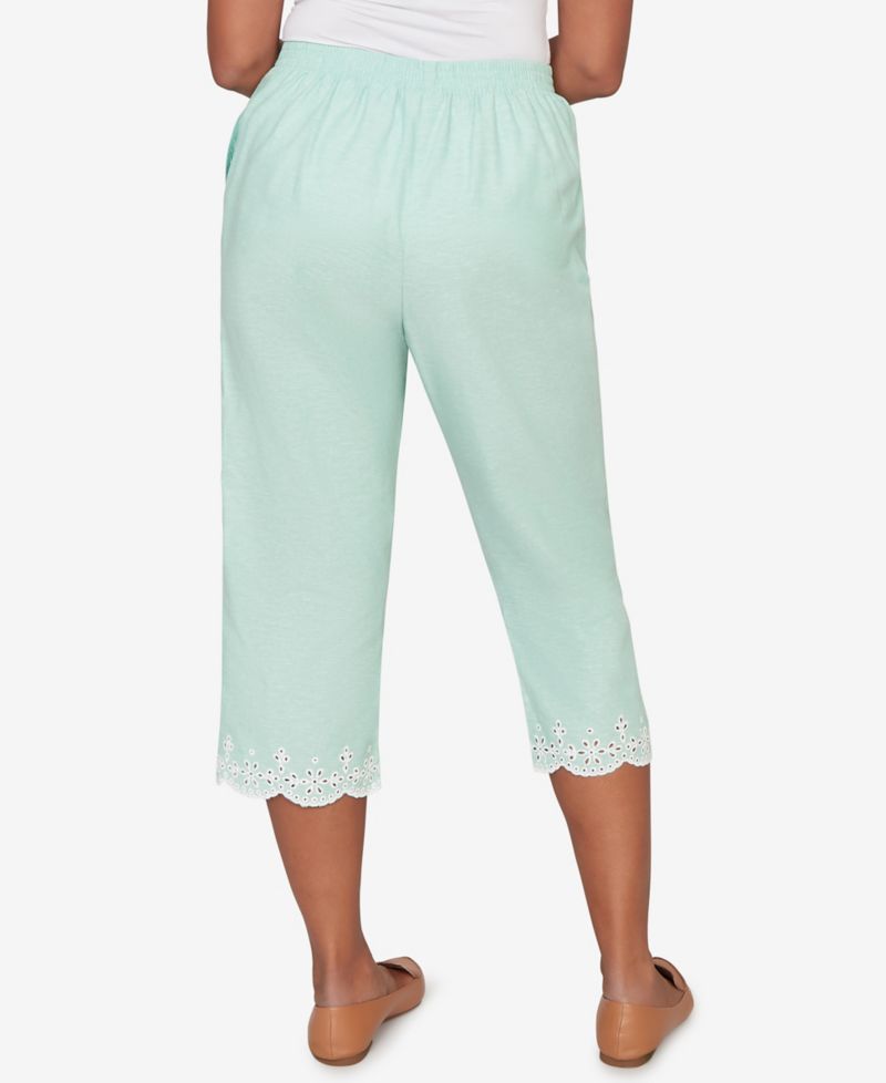 Women's Caribbean Blues Eyelet Embroidered Cuff Capri Pants