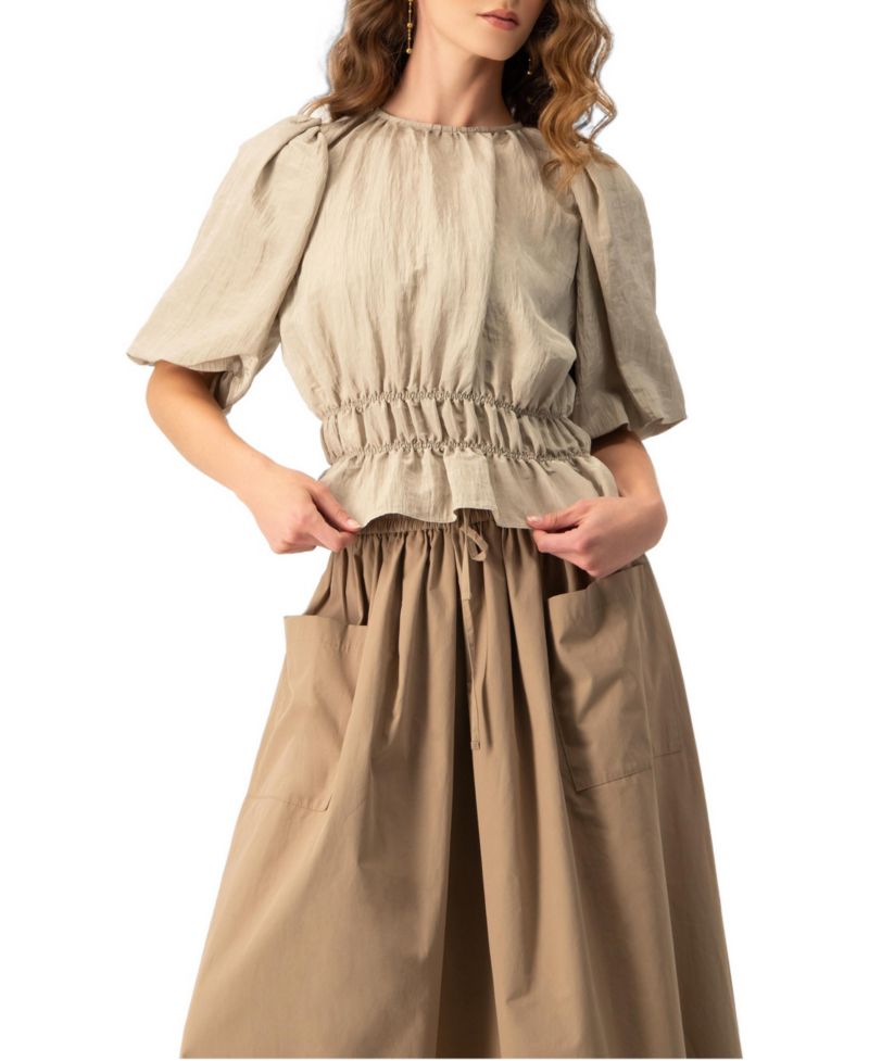 Women's Puff Sleeve Peplum, Cinched Waist Crinkle Blouse