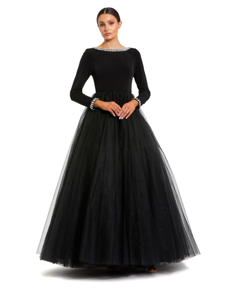 Petite Embellished Jersey Long Sleeve Ballgown With Tulle Skirt