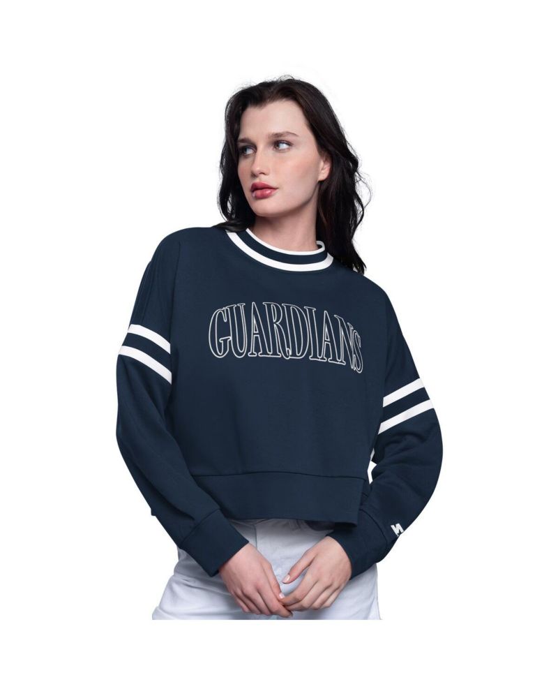 Women's Navy Cleveland Guardians Power Play Cropped Pullover Sweatshirt