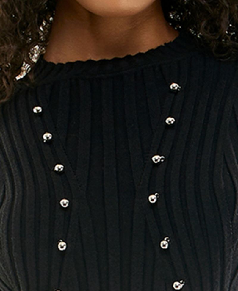 Juniors' Long Sleeve Metal Bead Ring Trim Mock Neck Midi Sweater Dress