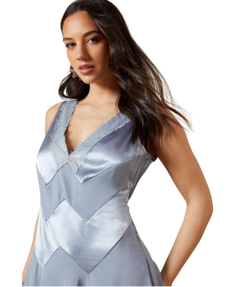 Women's V-Neck Mesh Asymmetric Midi Dress