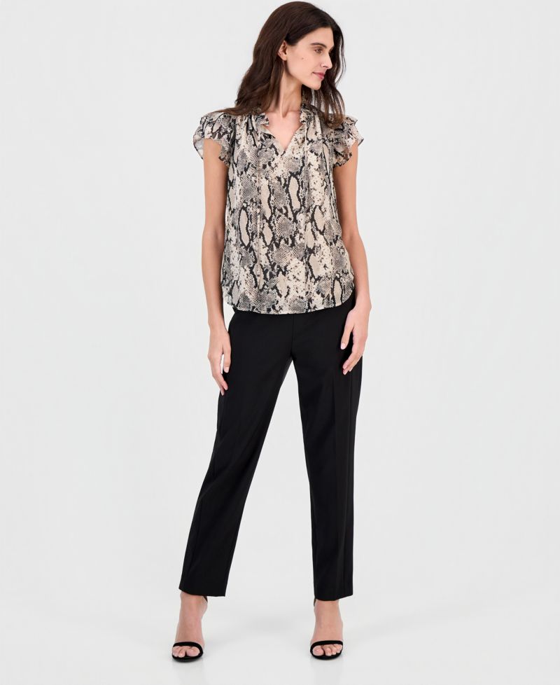 Women's Printed Ruffle-Sleeve Tie-Neck Top