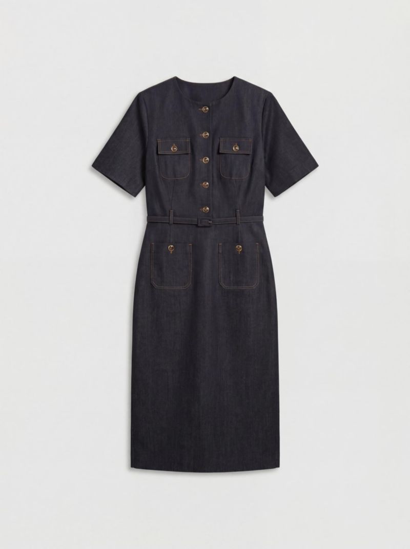 Women's Tailored Denim Belted Midi Dress